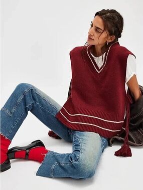 Free People V-Neck Knit poncho Vest with Contrast Trim